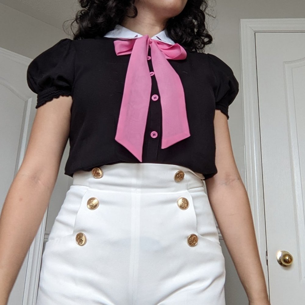 Retro Embroidered Collared Shirt with Ribbon